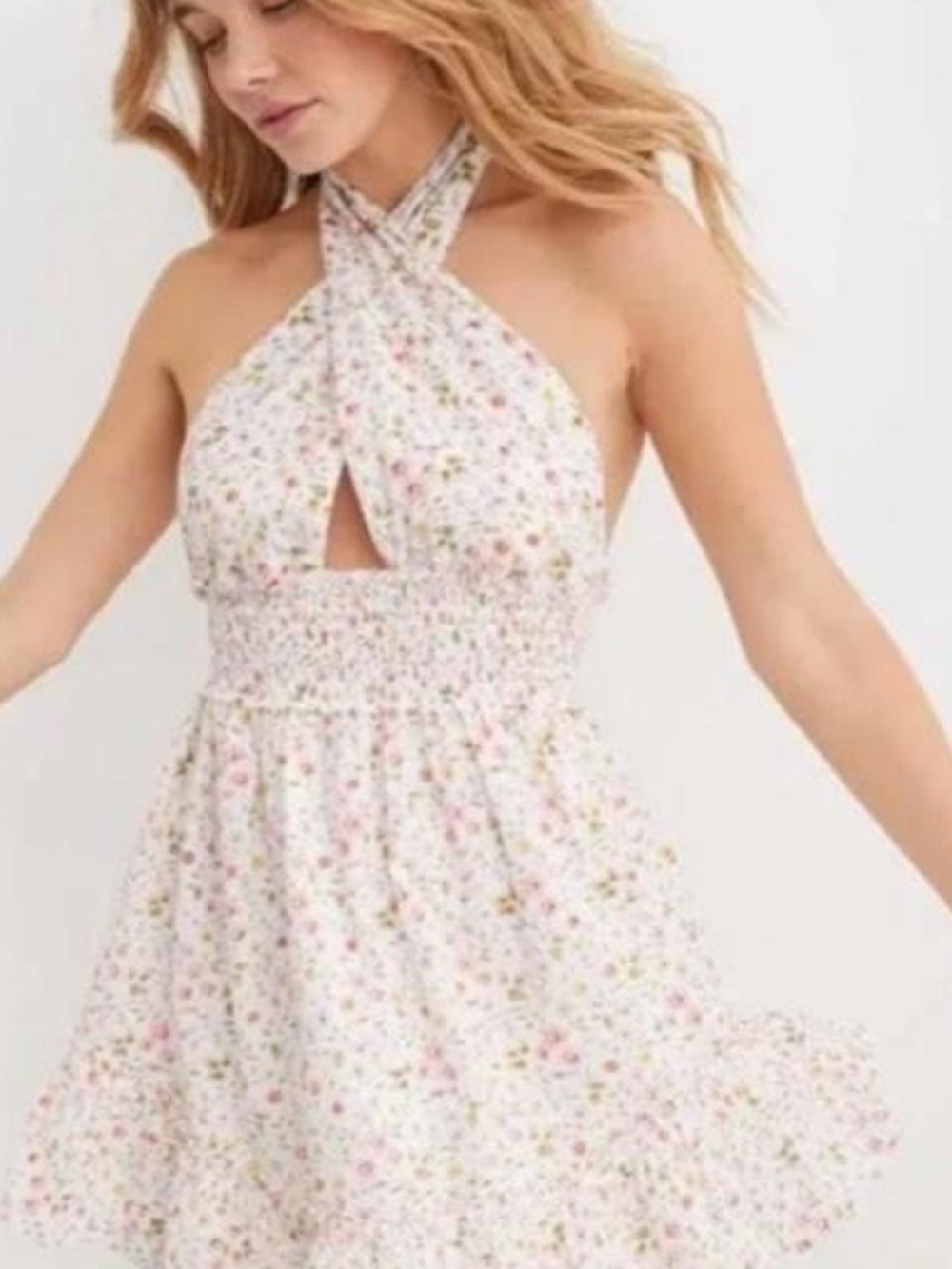 aerie White Halter Floral Mini Dress with Pink & Yellow Flowers